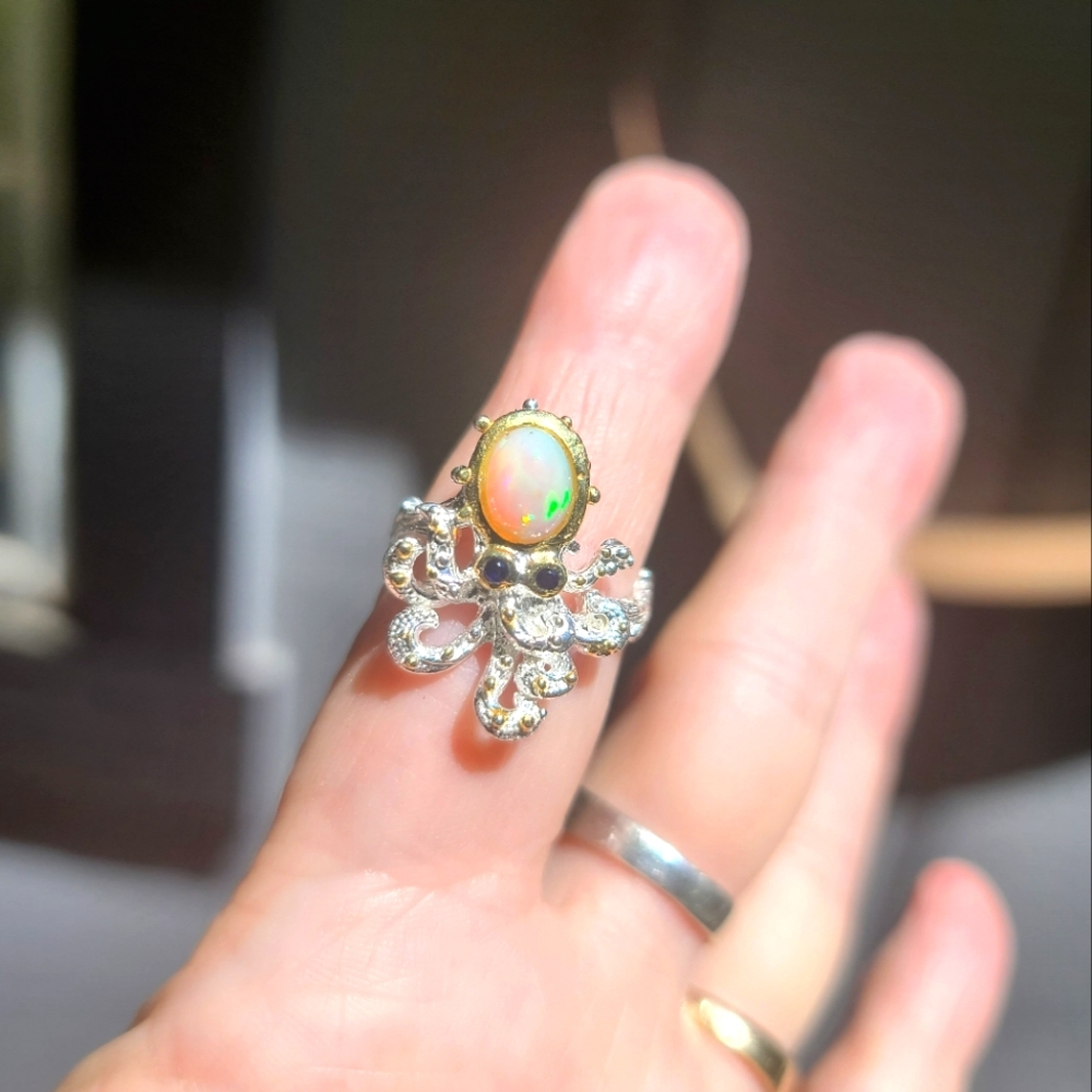 Opal & Sapphire Sterling & gold baby Octopus ๐ ring sz7.5 - Picture 1 of 7
